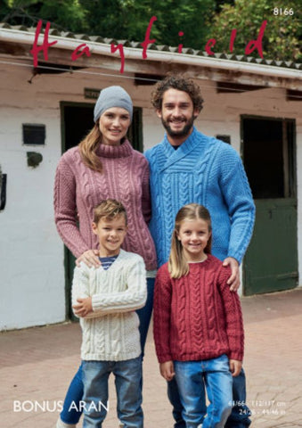 Hayfield Bonus Aran Pattern 8166 - Sweaters for the Family