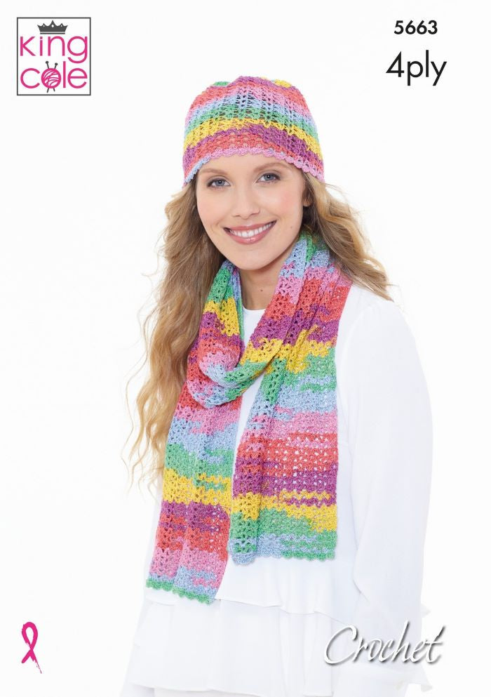 King Cole Summer 4 Ply Crochet Pattern 5663 - Scarf, Hat & Triangular Wrap