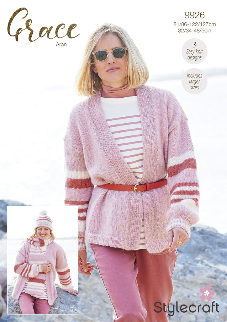 Stylecraft Grace Aran Pattern 9926 - Cardigan, Hat & Scarf