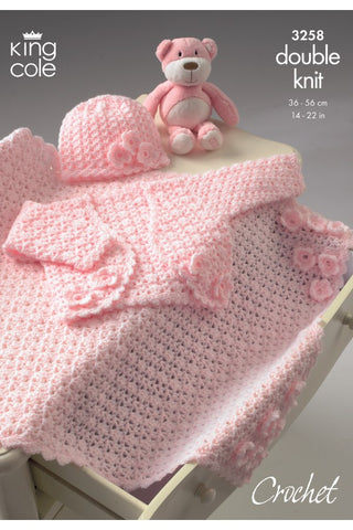 King Cole Comfort DK Pattern 3258 - Crochet Bolero, Hat & Pram Blanket
