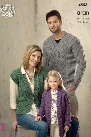 King Cole Fashion Aran Pattern 4553 - Sweater, Cardigan & Waistcoat