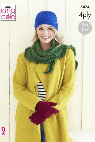 King Cole Merino Blend 4 Ply Pattern 5474 - Wrap, Gloves & Hat