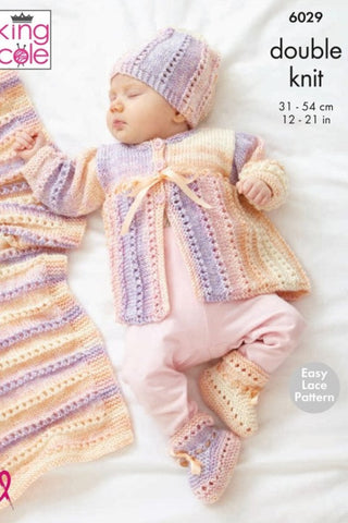 King Cole Cutie Pie DK Pattern 6029 - Cardigan, Matinee Coat, Hat, Bootees & Blanket