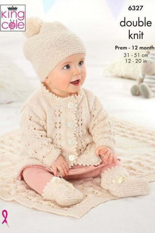King Cole Glitz DK Pattern 6327 - Matinee Coat, Cardigan, Hats, Bootees & Blanket