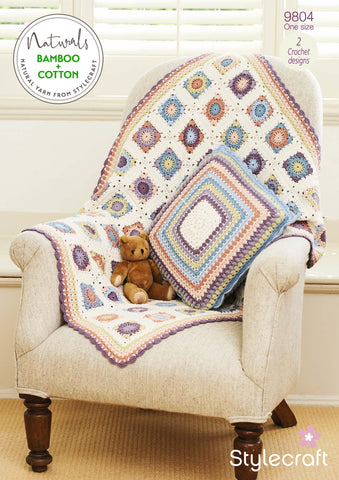 Stylecraft Naturals Bamboo + Cotton DK Pattern 9804  - Crochet Blanket & Cushion