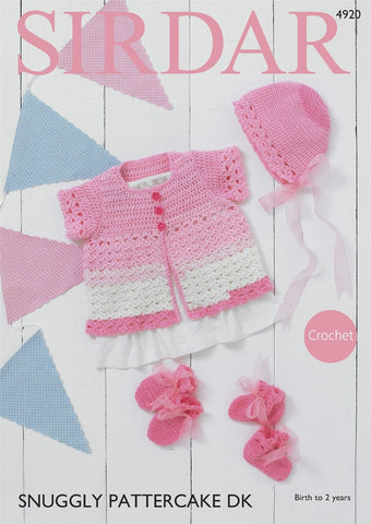 Sirdar Snuggly Pattercake DK Crochet Pattern 4920 - Cardigan, Bonnet, Mittens & Bootees
