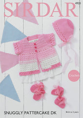 Sirdar Snuggly Pattercake DK Crochet Pattern 4920 - Cardigan, Bonnet, Mittens & Bootees