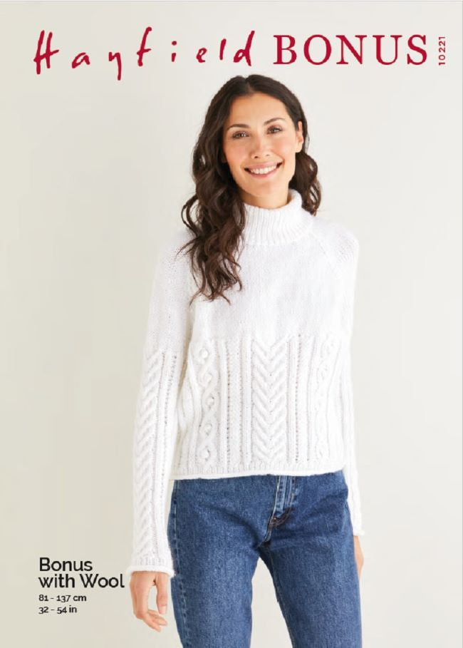 Hayfield Bonus Aran Pattern 10221 - Cabled Roll Neck Sweater