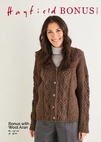 Hayfield Bonus Aran Pattern 10222 - Textured V Neck Cardigan