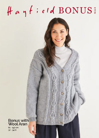 Hayfield Bonus Aran Pattern 10224 - V Neck Cable Cardigan