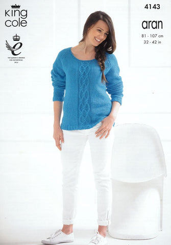 King Cole Big Value Recycled Cotton Aran Pattern 4143 - Raglan Round & Funnel Neck Sweaters