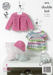 King Cole Cherish & Cherished DK Pattern 4416 - Crochet Dress, Cardigan & Hat