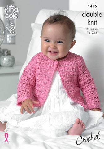 King Cole Cherish & Cherished DK Pattern 4416 - Crochet Dress, Cardigan & Hat