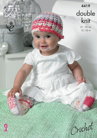 King Cole Cherish & Cherished DK Pattern 4419 - Crochet Hat, Scarf, Shoes, Socks & Blanket