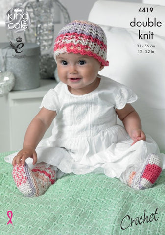 KIng Cole Cherish & Cherished DK Pattern 4419 - Crochet Hat, Scarf, Shoes, Socks & Blanket