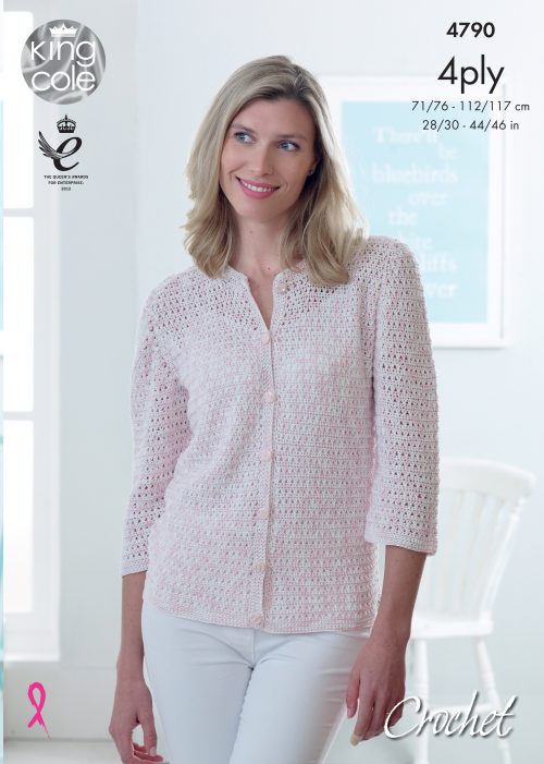 King Cole Giza Cotton & Sorbet 4 Ply Crochet Pattern 4790 -  Cardigan with ¾ Sleeves