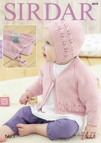 Sirdar No.1 DK Pattern 4849 - Cardigan, Bonnet, Shoes & Blanket