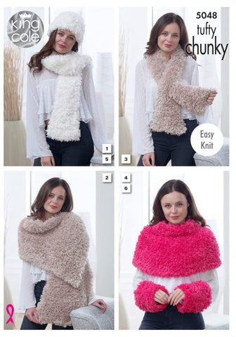 King Cole Tufty Super Chunky Pattern 5048 - Scarf, Wrap, Thread Through Scarf, Shoulder Cover, Hat & Wrist Warmers