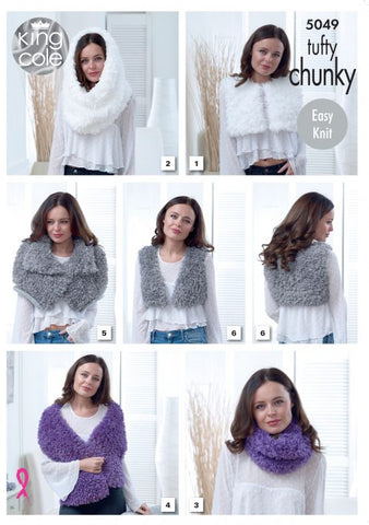 King Cole Tufty Super Chunky Pattern 5049 - Shoulder Tabbard, Snood, Cowl, Wrap, Shoulder Collar & Waistcoat