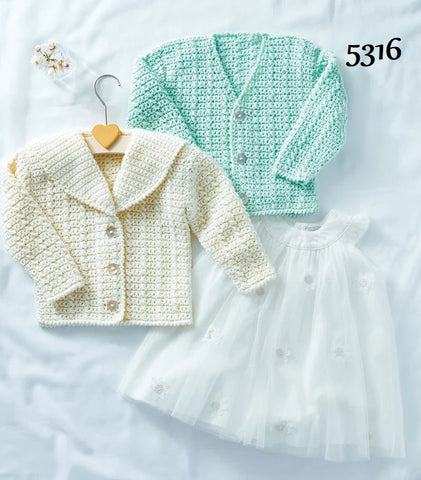 Sirdar Snuggly Soothing DK Crochet Pattern 5316  -  Girl's V-Neck & Collared Cardigan