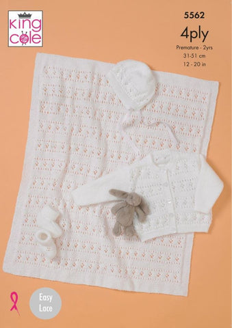 King Cole Big Value 4 ply Pattern 5562 - Cardigan, Bonnet, Bootees & Blanket