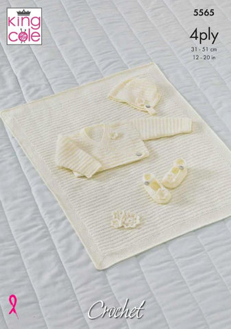 King Cole Comfort 4 ply Crochet Pattern 5565 - Ballet Cardigan, Bonnet, Shoes & Blanket