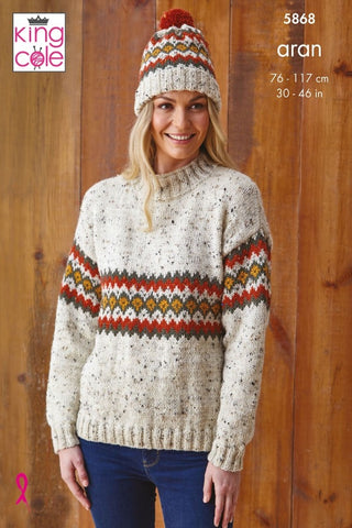 King Cole Fashion Aran Pattern 5868 - Sweater & Hats