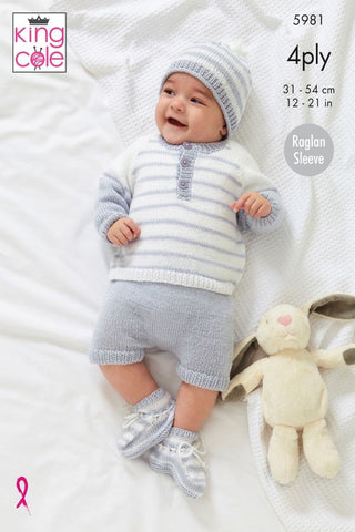 King Cole Cherished Baby 4ply Pattern 5981 - Sweaters, Pants, Hat & Bootees