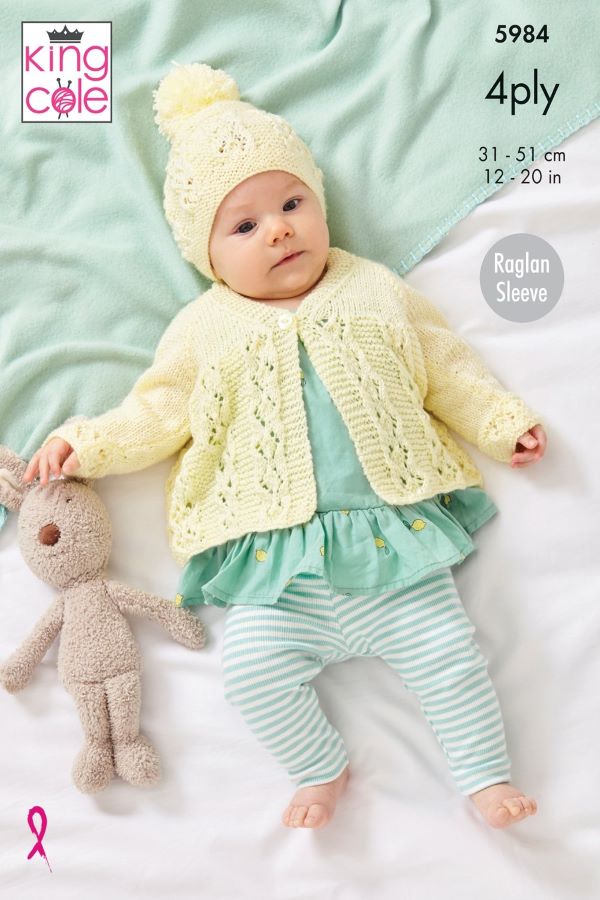 King Cole Cherished Baby 4ply Pattern 5984 - Matinee Jacket, Cardigan & Hat