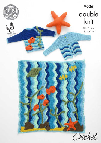 King Cole Pricewise DK Crochet Pattern 9026 - Under the Sea Blanket, Jumper, Cardigan & Starfish Toy