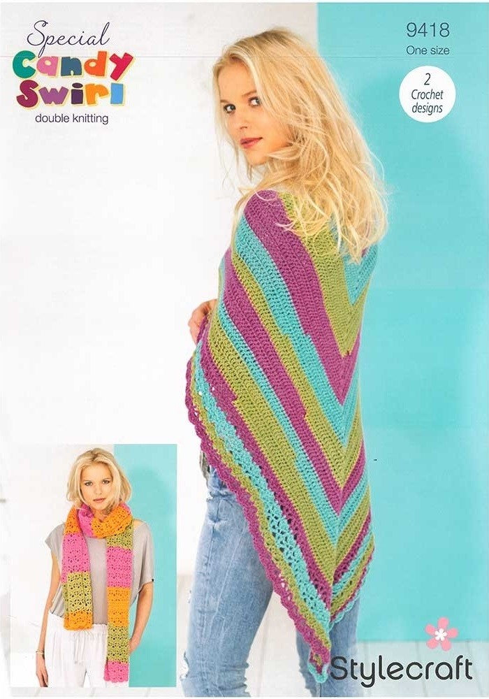Stylecraft Special Candy Swirl DK Crochet Pattern 9418 - Shawl & Scarf