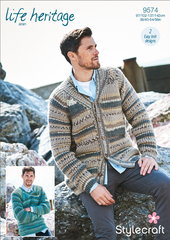 Stylecraft Life Heritage Aran Pattern 9574  Men's Fisherman's Rib Shawl Collared Jacket & Sweater NOW €1.00