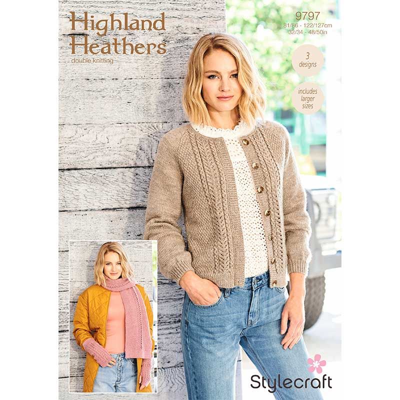 Stylecraft Highland Heathers Pattern 9797 - Cardigan, Scarf & Wristwarmers