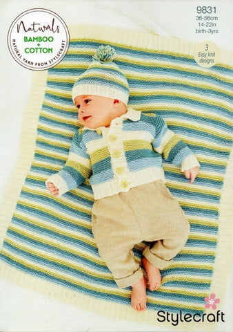 Stylecraft Naturals Bamboo + Cotton DK Pattern 9831 - Jacket, Hat & Blanket
