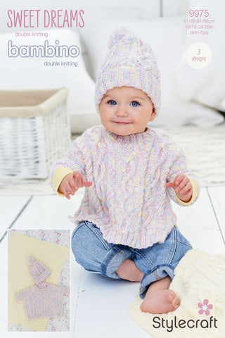 Stylecraft Sweet Dreams & Bambino DK Pattern 9975 - Poncho, Hat & Blanket