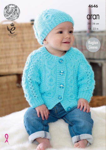 King Cole Comfort Aran Pattern 4646 - Sweater, Cardigan, Hat, Scarf & Bootees