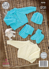 King Cole Comfort Aran Pattern 4646 - Sweater, Cardigan, Hat, Scarf & Bootees
