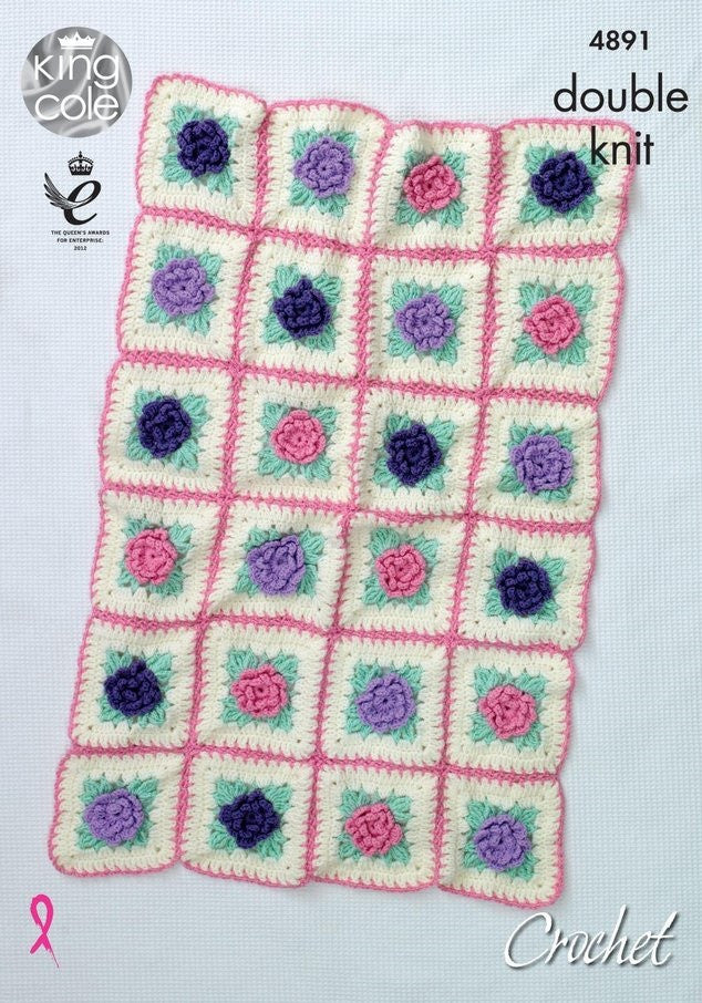 King Cole Cherish DK Pattern 4891 - Crochet Floral Motif Blankets