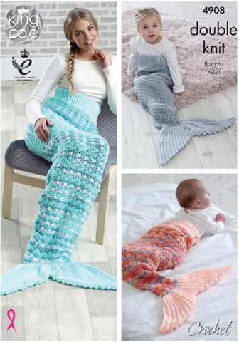 King Cole Baby Drifter, Splash, Glitz & Big Value - Crochet Pattern 4908 - Mermaid Tail Blanket