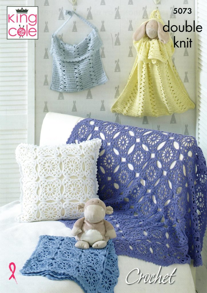 King Cole Cottonsoft DK Crochet Pattern 5073 - Blankets, Cushion, Toy Bag & Nappy Bag