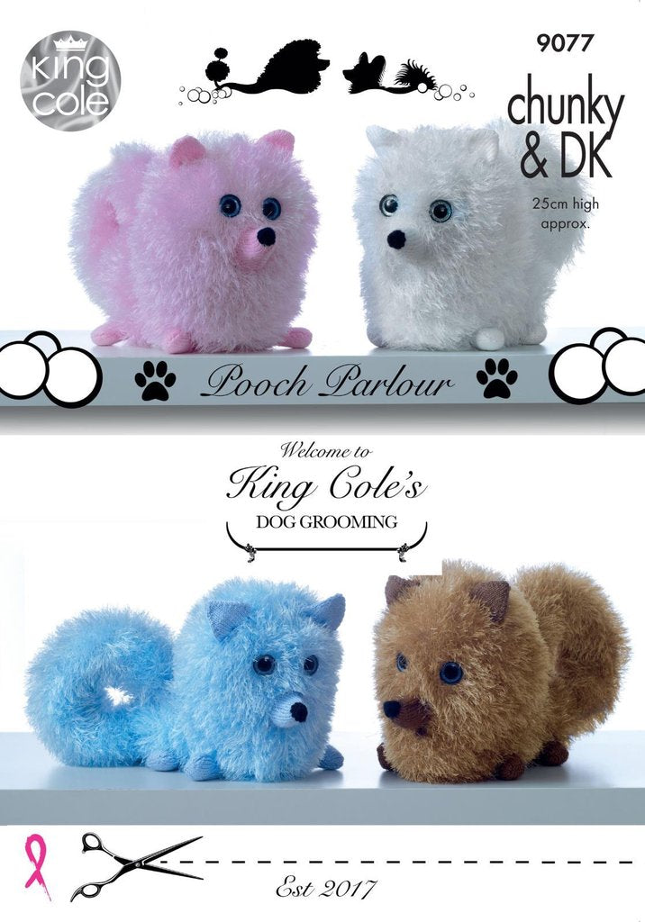 King Cole Tinsel Chunky yarn and Dollymix DK Pattern 9077 -  Pomeranian Dogs