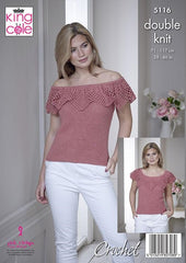 King Cole Finesse Cotton Silk DK Pattern 5116  Crochet Wrap & Off The Shoulder Top