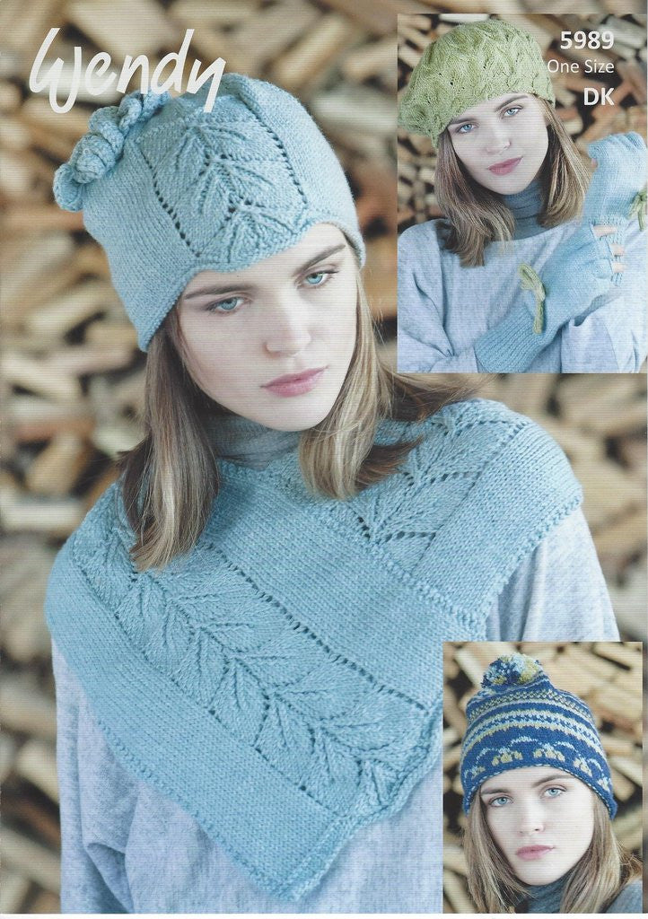 Wendy Pixile DK Pattern 5989  - Knitted Ladies Neck Warmer, Lace Panelled & Fairisle Hats, Beret & Fingerless Gloves - NOW €1.00