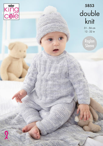 King Cole Little Treasures DK Pattern - 5853 Jacket, Sweater, Leggings, Hat and Blanket