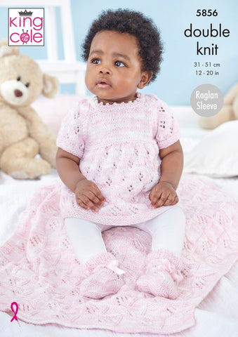King Cole Little Treasures DK Pattern - 5856 Dress, Cardigan, Blanket and Bootees