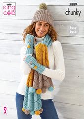 King Cole Wildwood Chunky Pattern 5889 - Wrap, Scarf, Handwarmers & Hat