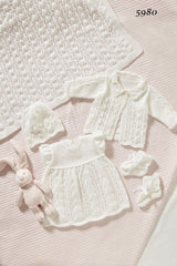 King Cole Cherished Baby 4ply Pattern 5980 - Shawl, Matinee Coat, Dress, Hat & Bootees