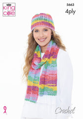 King Cole Summer 4 Ply Crochet Pattern 5663 - Scarf, Hat & Triangular Wrap