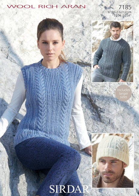 Sirdar Wool Rich Aran Pattern 7185 - Sweater, slipover & hat - NOW ONLY €1.00