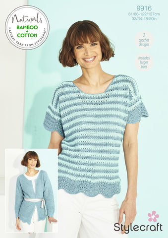 Stylecraft Naturals Bamboo + Cotton DK Pattern 9916 - Crochet Tee Shirt & Cardigan